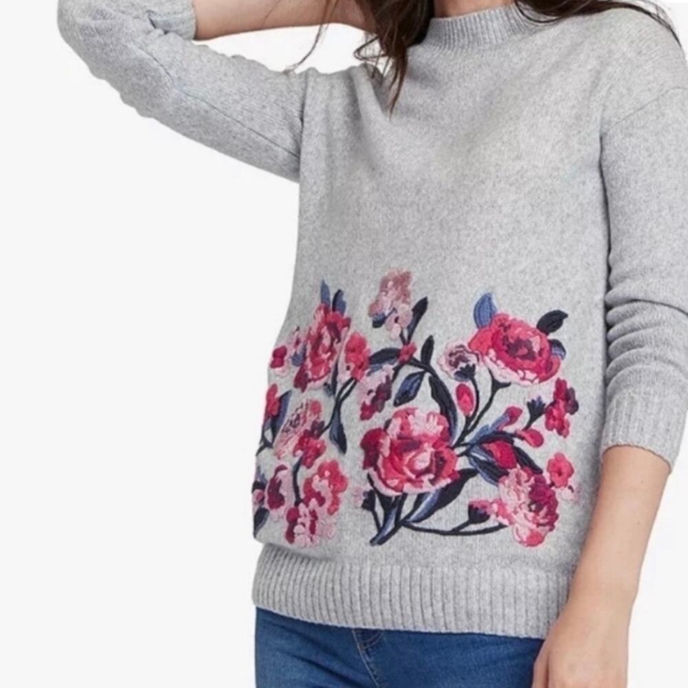 Joules Gray Penny Floral Embroidery Pullover Sweater Size 8 Crew Wool Blend